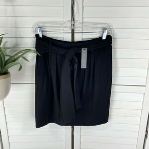 New Theory Black Nerima Wool Blend Career Skirt Tie Belt Silk Lined Women Size 2